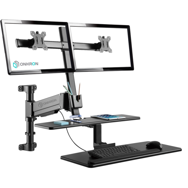 ONKRON кронштейн для двух мониторов 17"-27" с полкой для клавиатуры, настенный, чёрный W6G